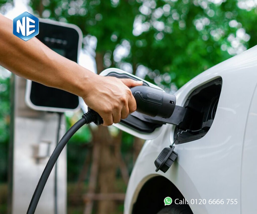 EV charging at public station with fast charging cable