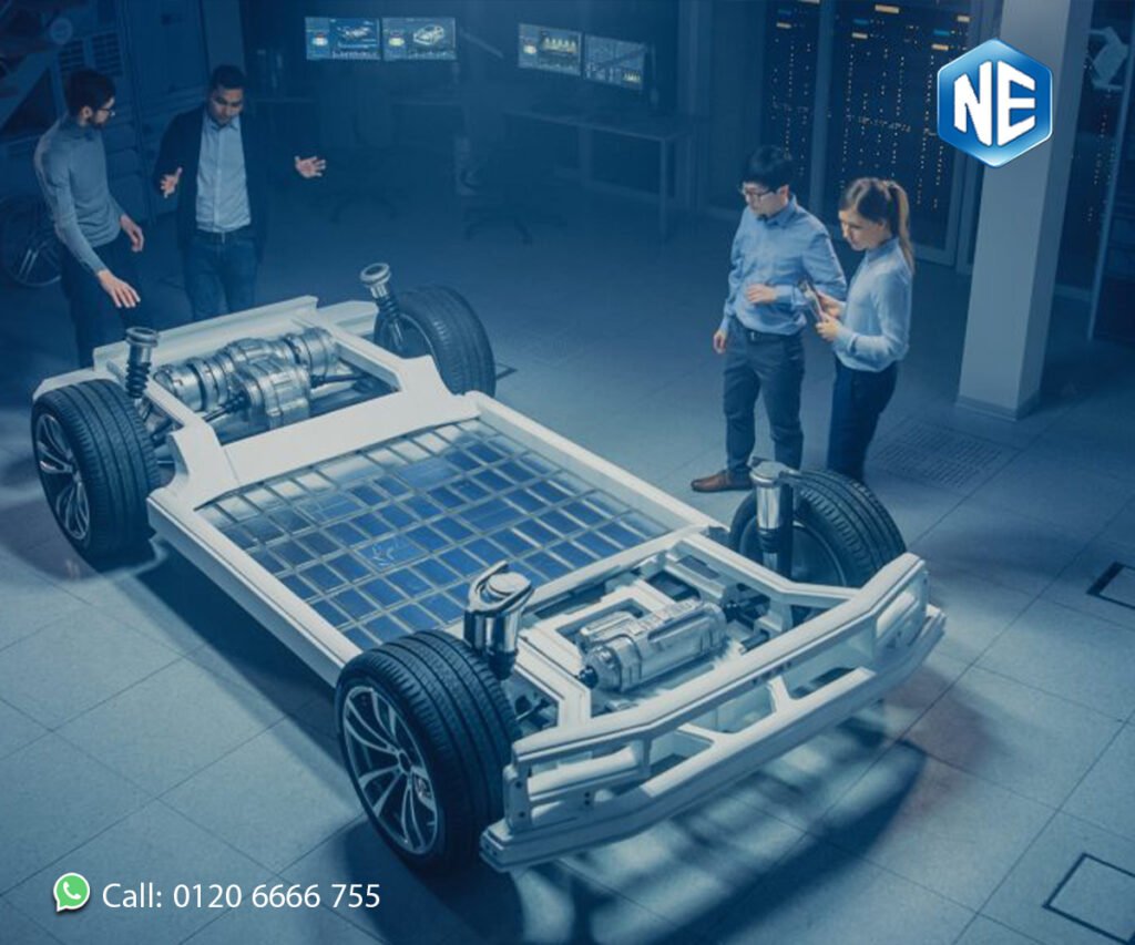 Life cycle of electric car batteries illustration showing stages from manufacturing to recycling
